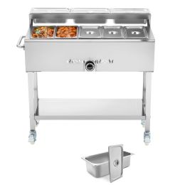 Commercial Propane Steam Table, 5 Food Pans & 3 Condiment Pans, LP Gas Outdoor Soup Warmer with Drain Valve and 3" Wheels