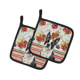 Boston Terrier Vegetables Pair of Pot Holders Pair 7.5x7.5 Quilted Insulated Hot Pads Decorative Kitchen Gift Made in USA