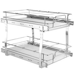 2 Tier 14"Wx21"Dx15"H Pull Out Cabinet Organizer, Heavy Duty Slide Out Pantry Shelves, Steel Roll Out Drawers, Sliding Drawer Storage for Home