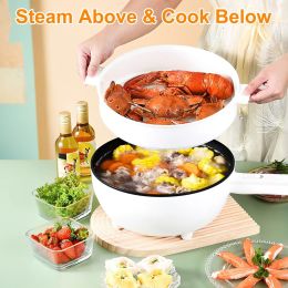 Electric Hot Pot Non-Stick Frying Pan Portable Rapid Noodles Cooker with Long Handle Steamer Spatula Dual Power Control Overheat Dry-Boil Protect