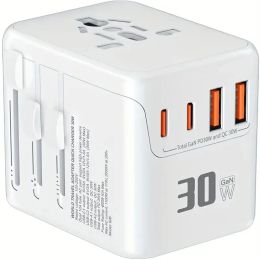 30W GaN Universal Travel Adapter - 2 USB-A + 2 USB-C | Supports Laptops/Hair Dryers | European & Worldwide Plug Adapter | UK/US/AU Compatible (Option: WhitePD30W)