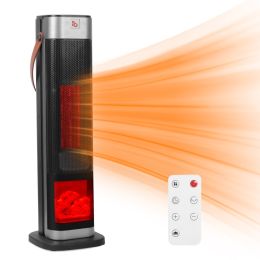 1Pc 1500W Oscillating Ceramic Tower Space Heater With 3D Flame Portable Electric Heater With 3 Wind Mode Heating Remote Control 12H Timer Overhea (Option: Black)