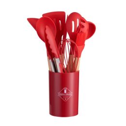 11pcs Wooden Handle Silicone Kitchen Utensils Set Storage Bucket Non-stick Shovel Spoon Cooking Kitchen Utensils 11 Pieces Set Silicone Shovel Sp (Color: Red)