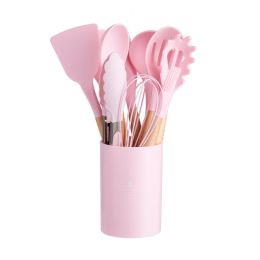 11pcs Wooden Handle Silicone Kitchen Utensils Set Storage Bucket Non-stick Shovel Spoon Cooking Kitchen Utensils 11 Pieces Set Silicone Shovel Sp (Color: Pink)