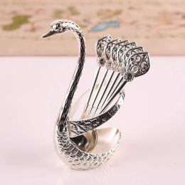 Coffee Spoon Holder For Coffee Bar; 1set Coffee Dessert Spoon Set; Fruit Cake Coffee Tea Spoon; Swan Shaped Base Holder Cutlery Set; Zinc Alloy M (Color: Silvery, size: Spoon)
