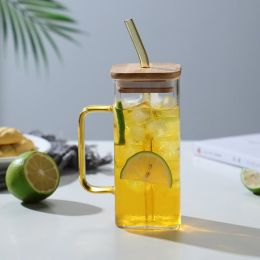 1pc, 13.5oz Adorable Glass Cups with Lids and Straws - Perfect for Back to School and On-the-Go Drinks (Color: Yellow)