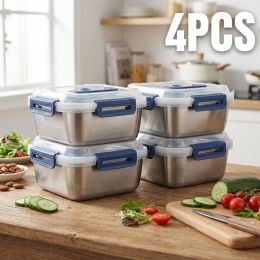 Yakimoto 2/4/6/8/10 PCS Extra-Large Stainless Steel Food Storage Containers With Blue Lids - Deep Design, Airtight Seal (Quantity: 4PCS)