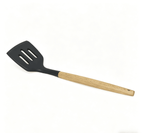 Wooden handle silicone cooking utensils, heat-resistant non-stick kitchen tools including spoon rests, egg beaters, tongs and spatulas (Style: large leaky shovel)