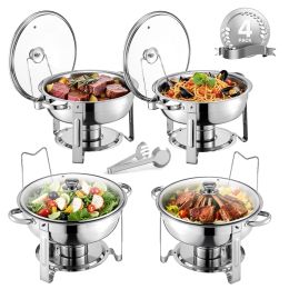 Chafing Dish Buffet Set, 5 Qt 4 Pack, Stainless Steel Chafer with 4 Full Size Pan (Style: Silvery-Glass Lid, Set: 4 Pcs)